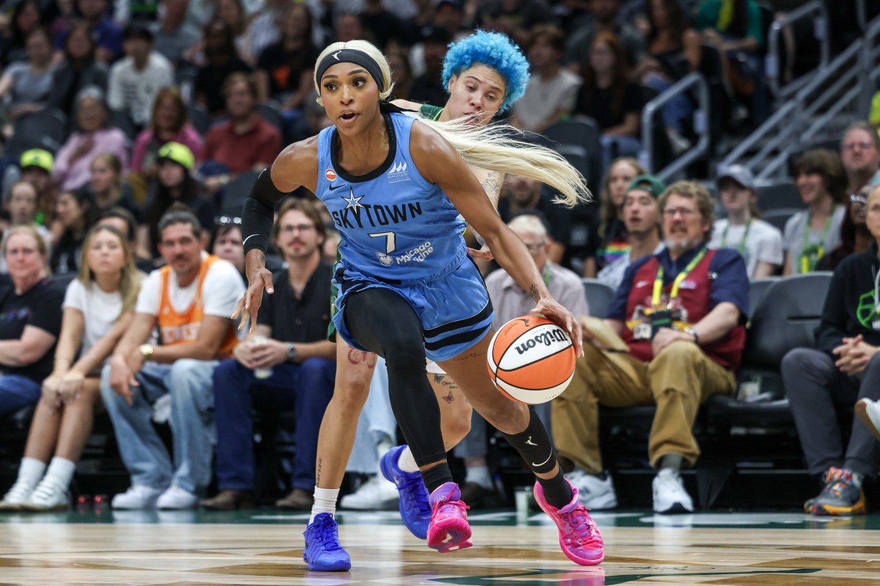 DiJonai Carrington #7 of the Chicago Sky dribbling the ball during a WNBA game against the Seattle Storm
