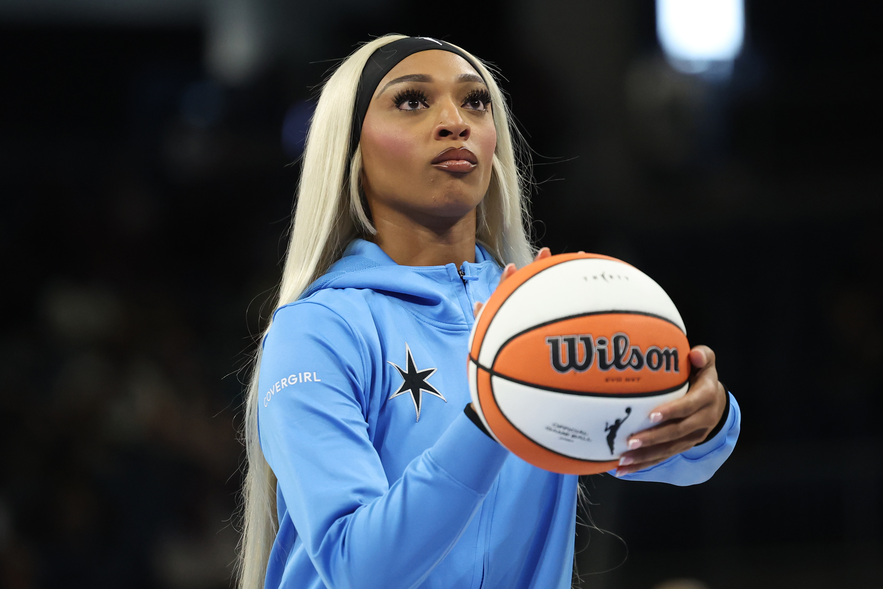 DiJonai Carrington #7 of the Chicago Sky warming up on the court at Wintrust Arena