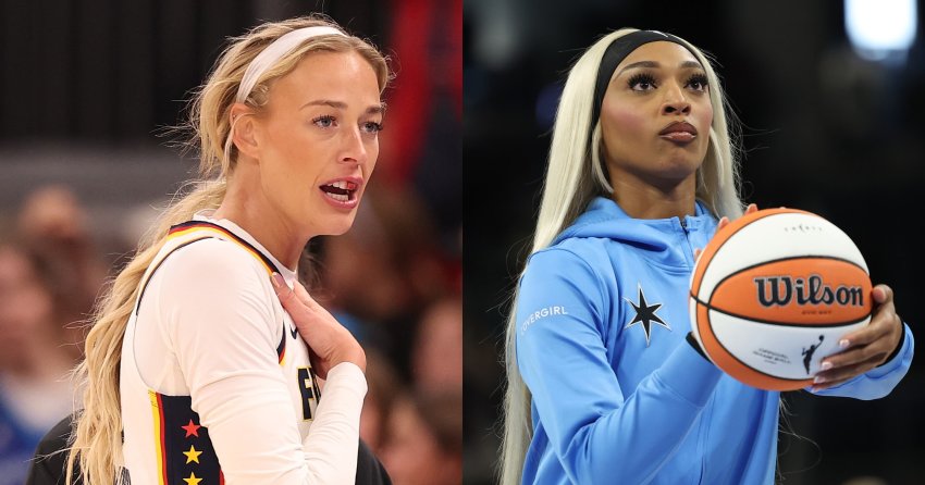 Sophie Cunningham in an Indiana Fever uniform reacting with mouth open after a scuffle during a WNBA game at United Center in Chicago.