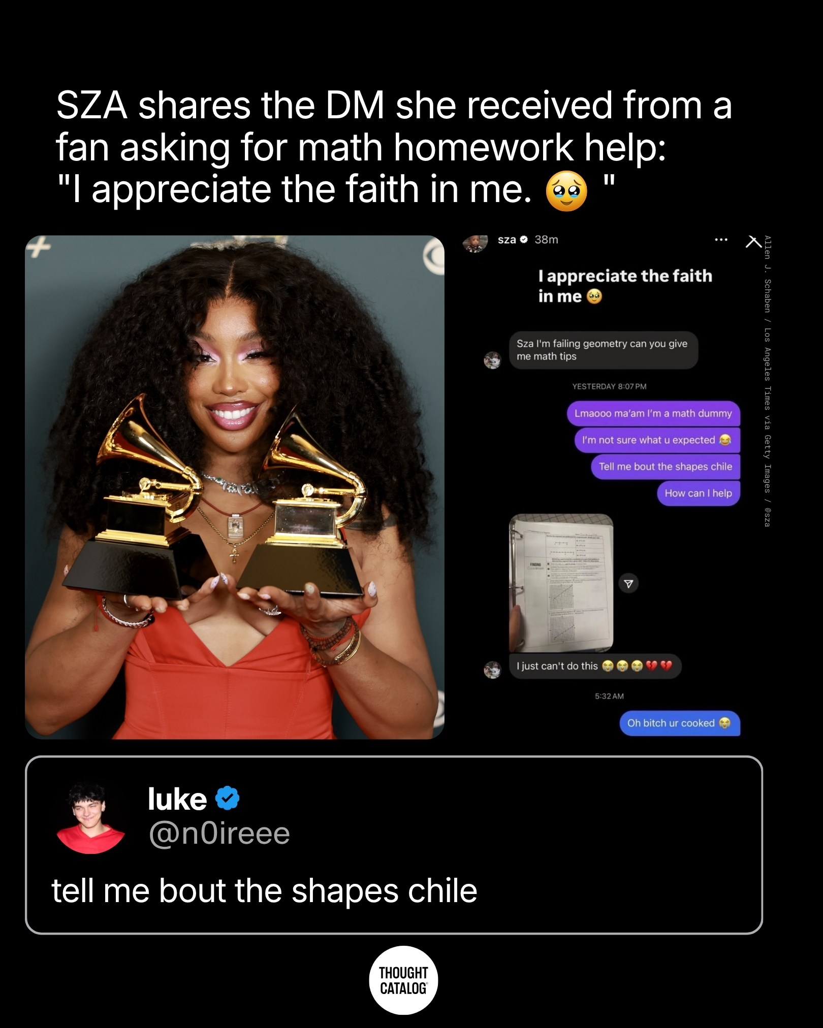 SZA Shares the DM She Received From a Fan Asking for Math Homework Help: "I Appreciate the Faith in Me"