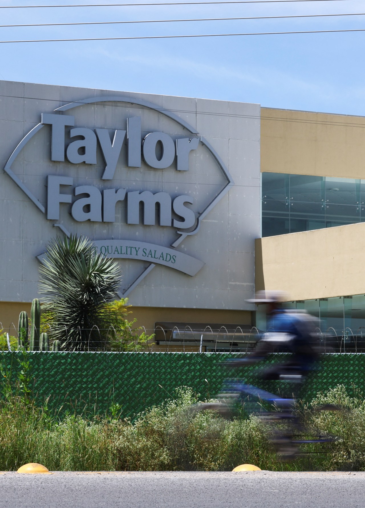 A cyclist rides past the Taylor Farms facility in Doctor Mora, Guanajuato, Mexico after it was temporarily closed
