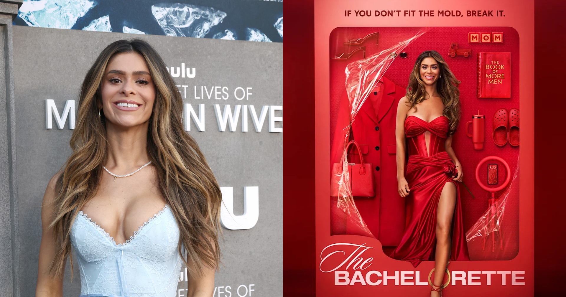 Taylor Frankie Paul in a light blue lace corset top at the Hulu Secret Lives of Mormon Wives Season 2 premiere backdrop.