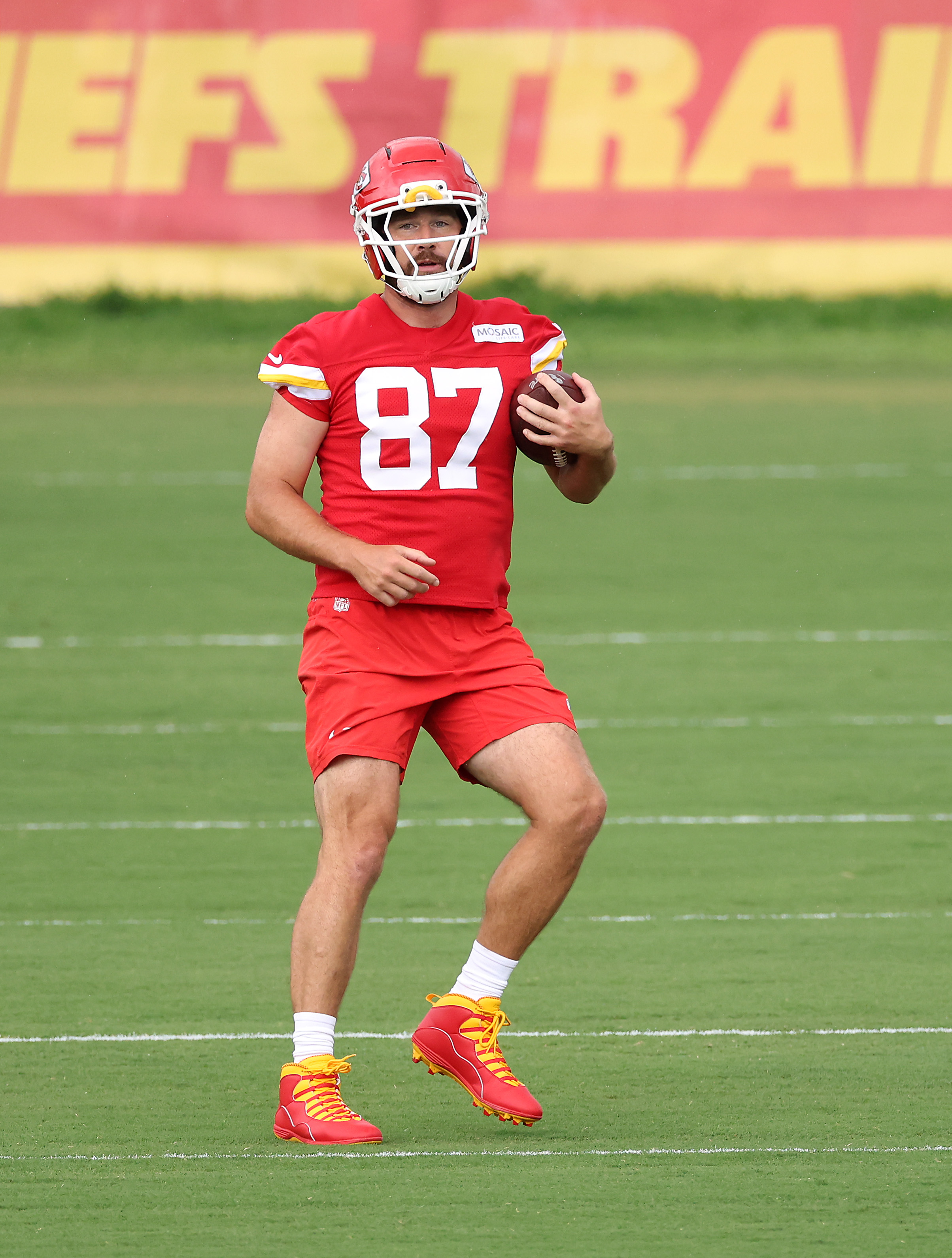 Travis Kelce #87 participating in Kansas City Chiefs training camp at Missouri Western State University in St. Joseph, Missouri