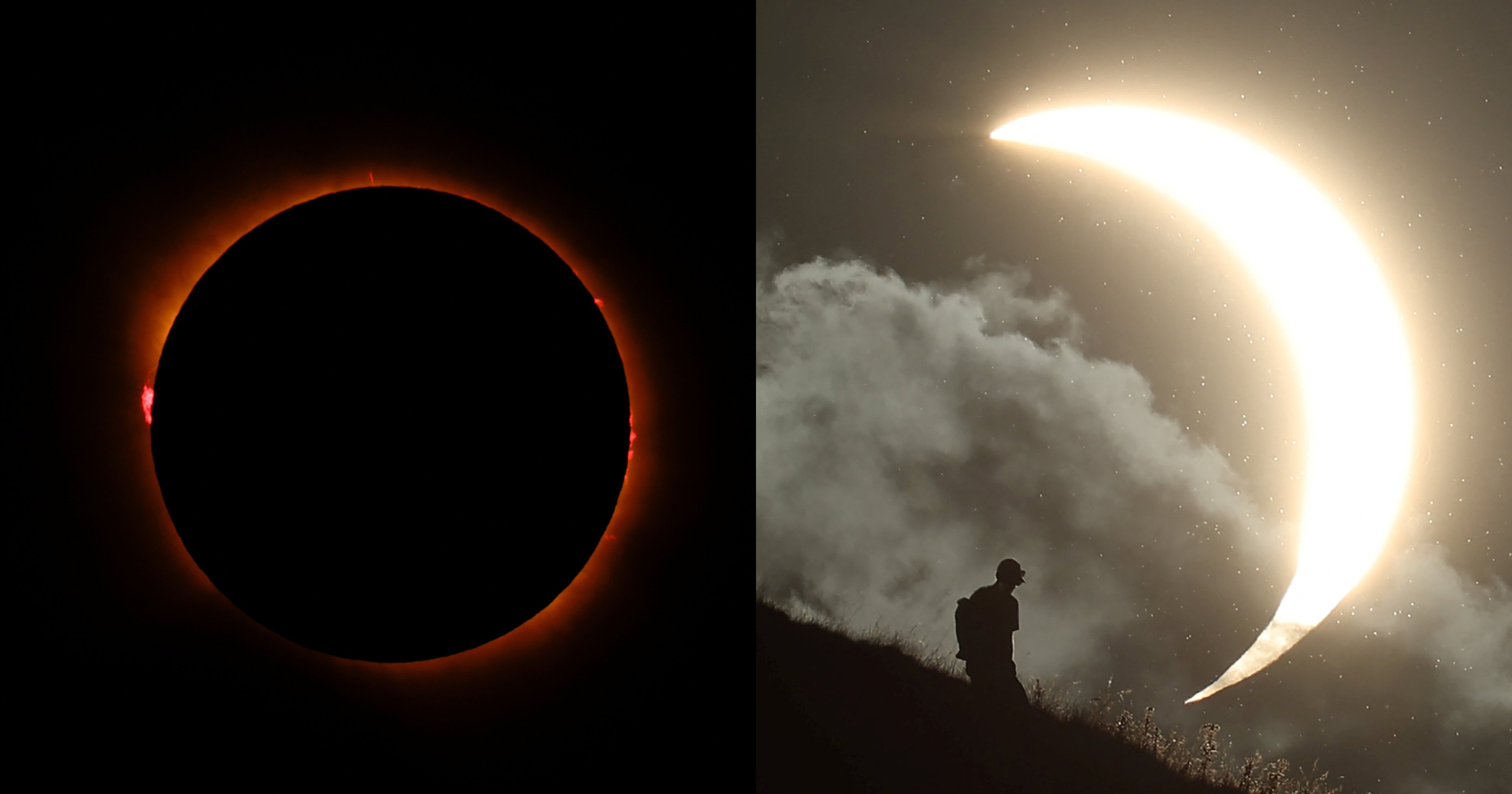 Total solar eclipse at totality, with the moon blocking the sun and a glowing orange corona and red solar prominences visible against a black sky.