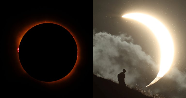 Total solar eclipse at totality, with the moon blocking the sun and a glowing orange corona and red solar prominences visible against a black sky.