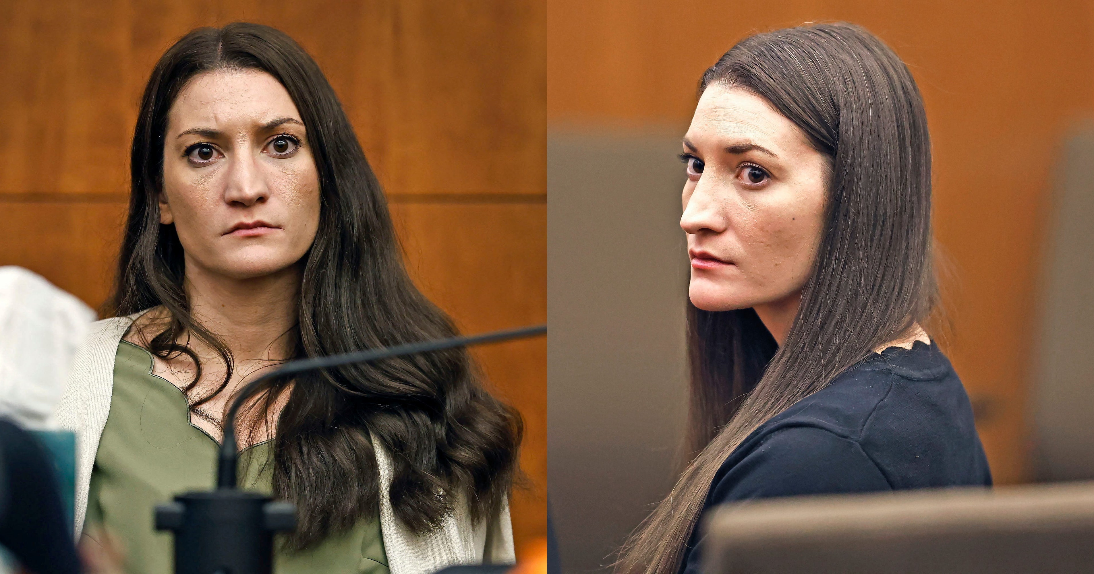Woman with long dark hair in a green top and white blazer seated in a courtroom, looking forward with a serious expression.