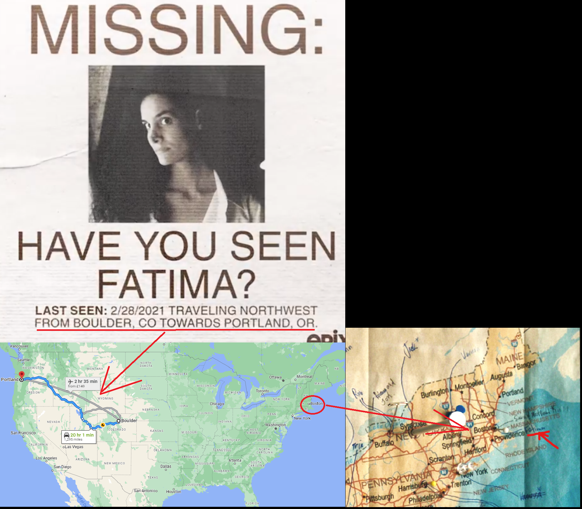 Screenshot from the show FROM showing a missing poster and map pin detail for the character Fatima