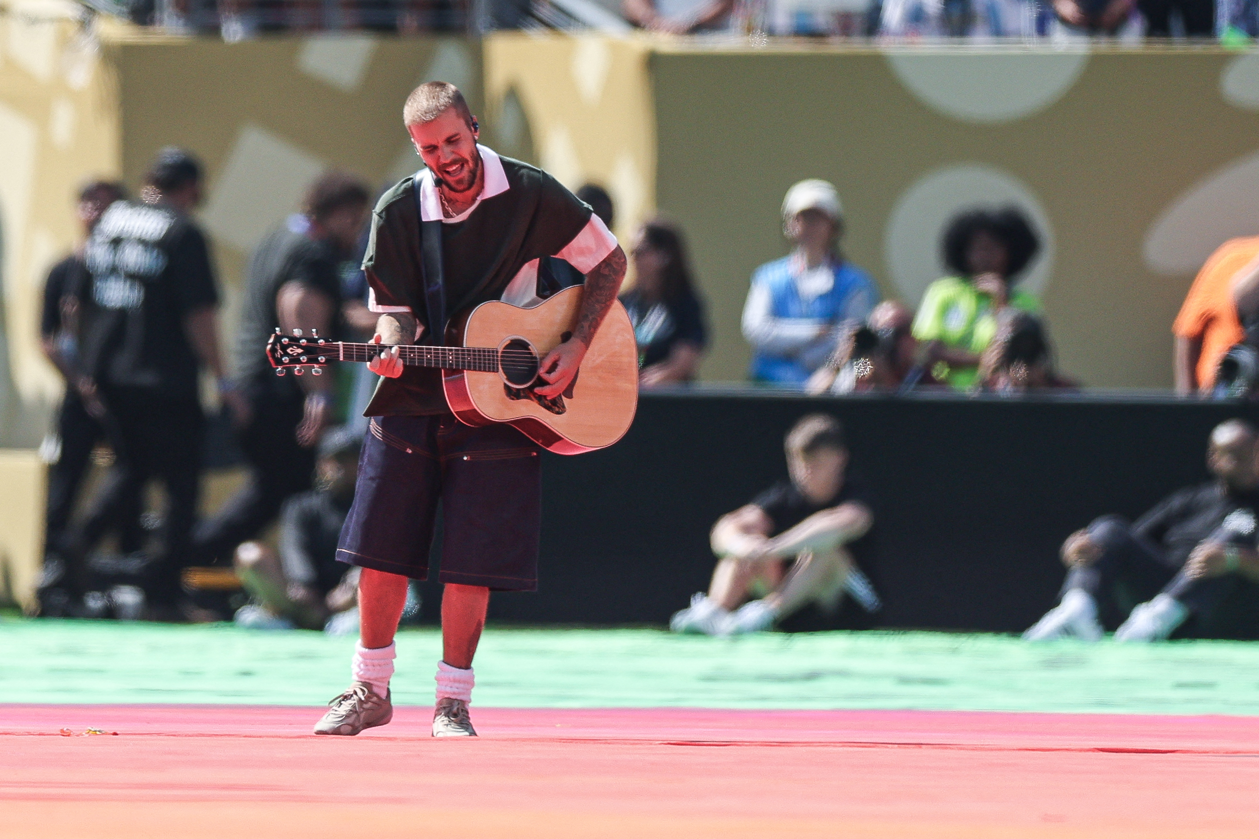 Justin Bieber performing on stage during the 2026 World Cup Final halftime show at New York/New Jersey Stadium