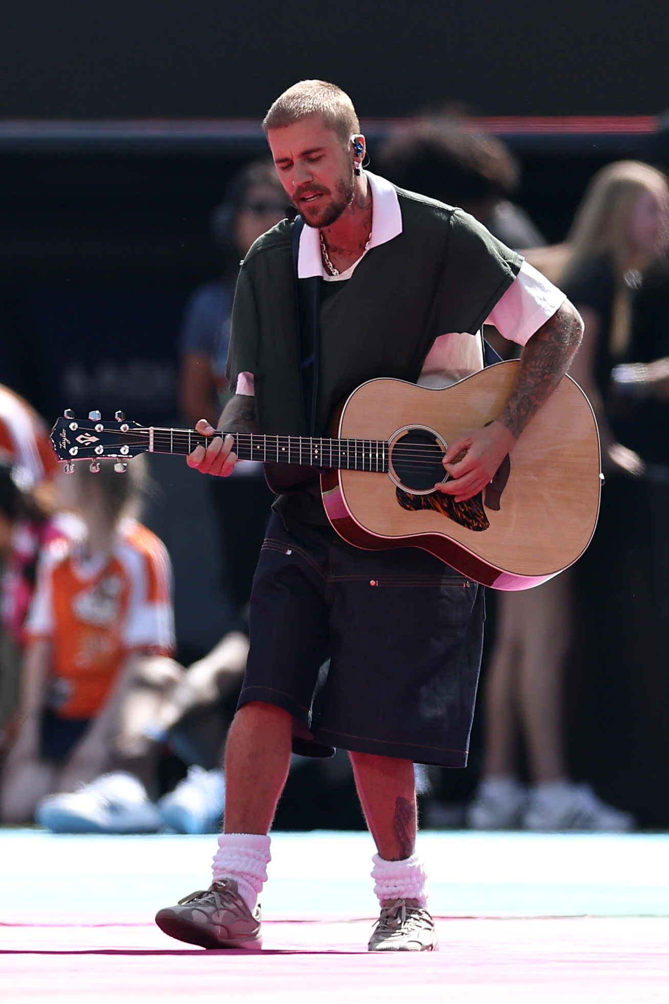 Justin Bieber performing on stage during the FIFA World Cup 2026 Final halftime show at New York New Jersey Stadium