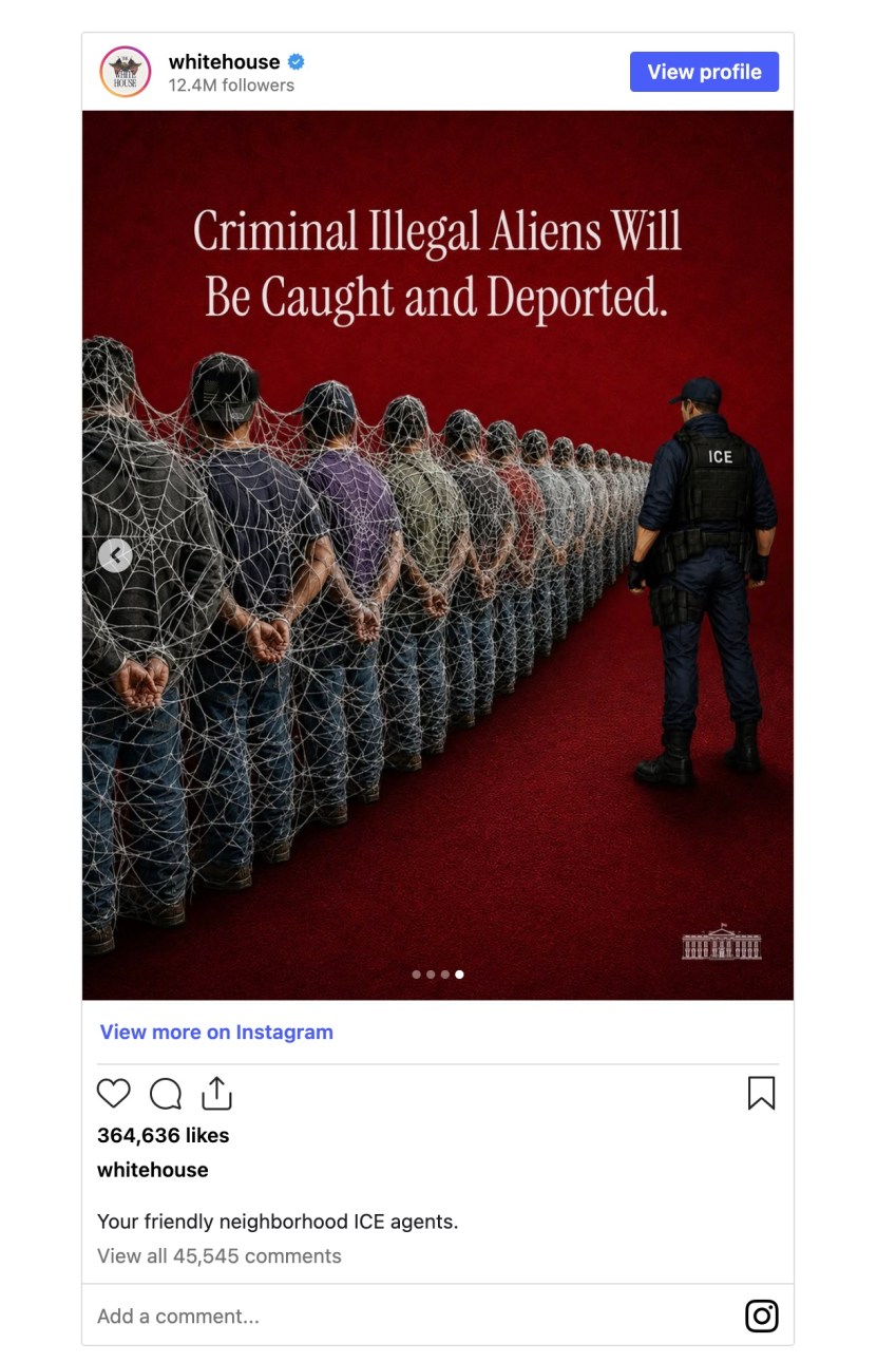 The White House's New ICE Campaign Shows Spider-Man Webbing Up Handcuffed Migrants