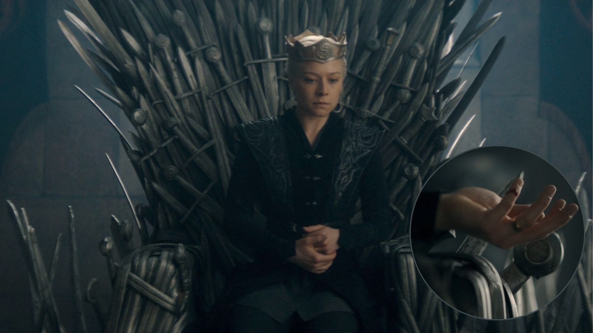 Two stacked stills from House of the Dragon: top shows an elderly king with a gold crown raising a bleeding finger; bottom shows the same king on the Iron Throne wearing a gold half-mask.