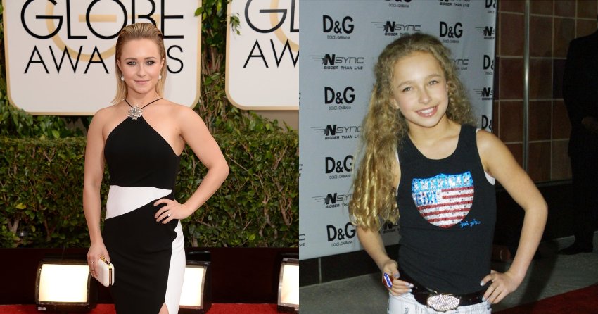 Hayden Panettiere in a black-and-white halter gown on the Golden Globes red carpet, holding a white clutch, hand on hip.