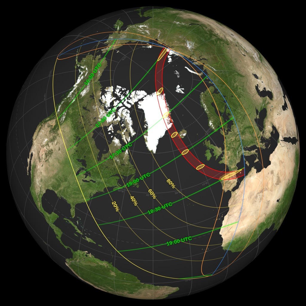 NASA globe visualization showing the 2026 solar eclipse path of totality in red, with green UTC time contours and yellow partial-eclipse percentage bands over the North Atlantic and Europe.