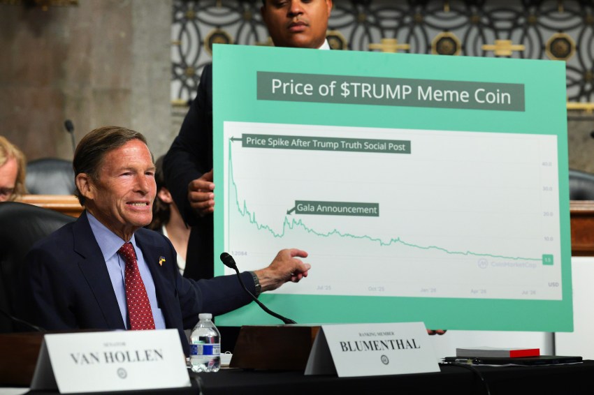 Sen. Richard Blumenthal speaking at a Senate forum on Trump's crypto businesses in the Dirksen Senate Office Building