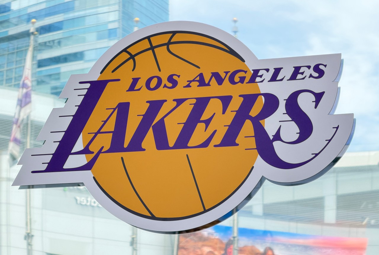 The Los Angeles Lakers logo displayed on the exterior of Crypto.com Arena in Los Angeles.