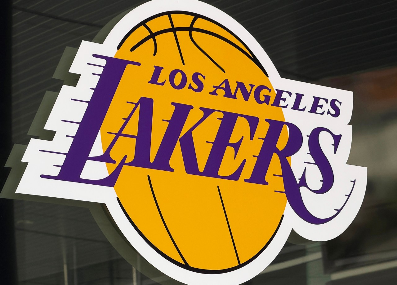 Los Angeles Lakers logo displayed on the outside of Crypto.com Arena in Los Angeles.