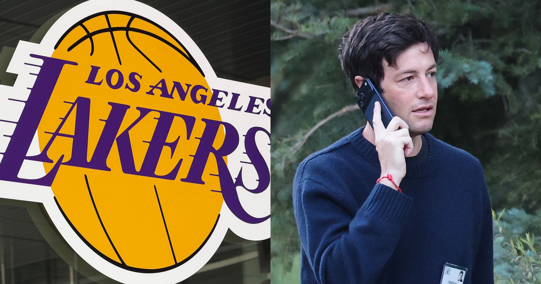 Los Angeles Lakers logo displayed on the outside of Crypto.com Arena in Los Angeles.
