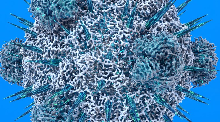 3D rendered illustration of a spiky, textured viral particle with glowing teal circuit-patterned spines on a blue background.