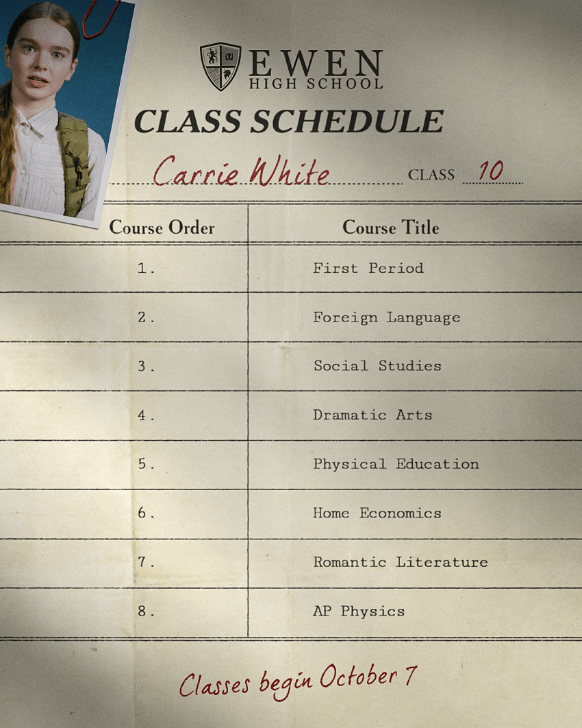 Carrie White&rsquo;s Ewen High School class schedule. Classes begin October 7.